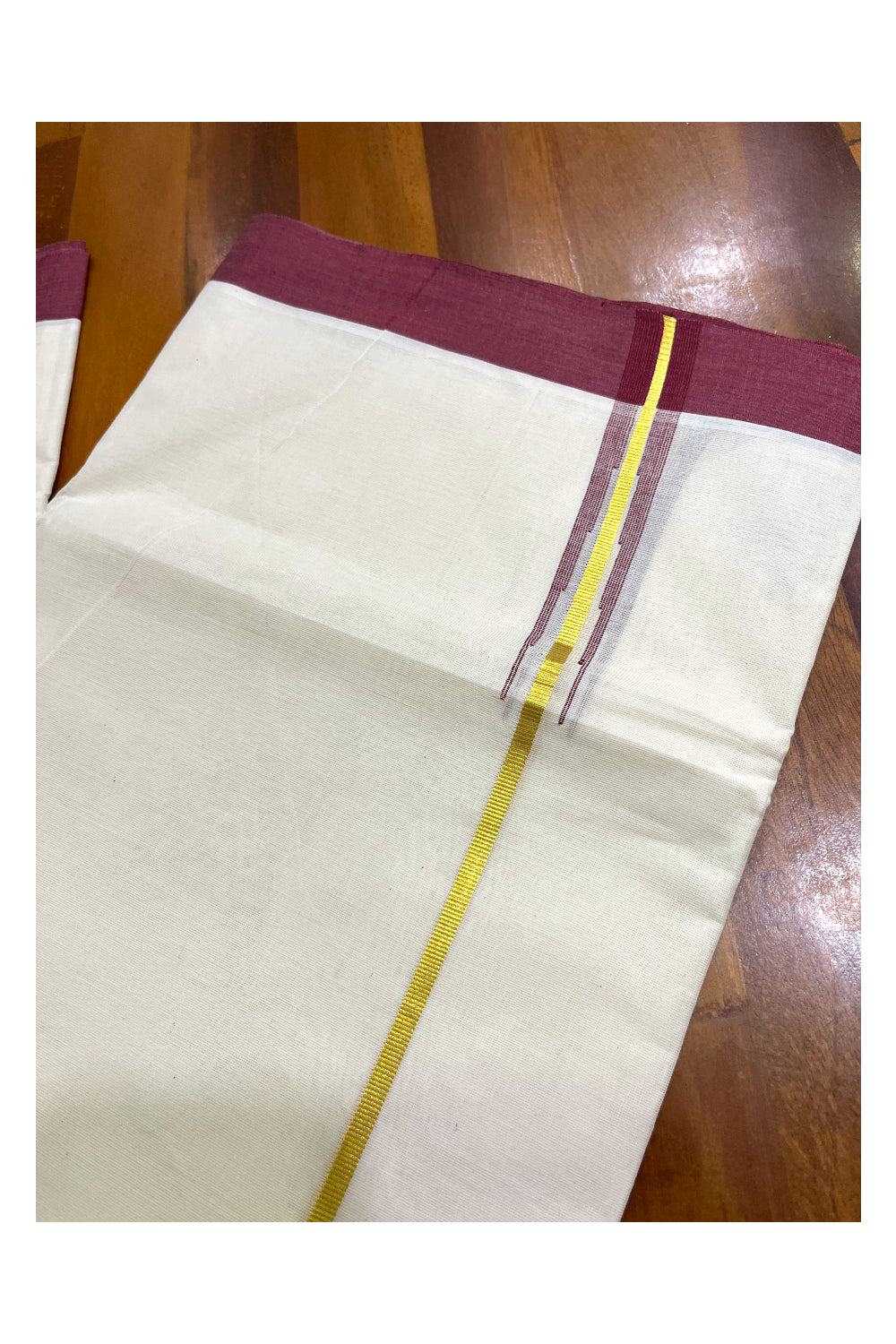 Kerala Pure Cotton Double Mundu with Kasavu Maroon Chutti Kara (South Indian Kerala Dhoti)