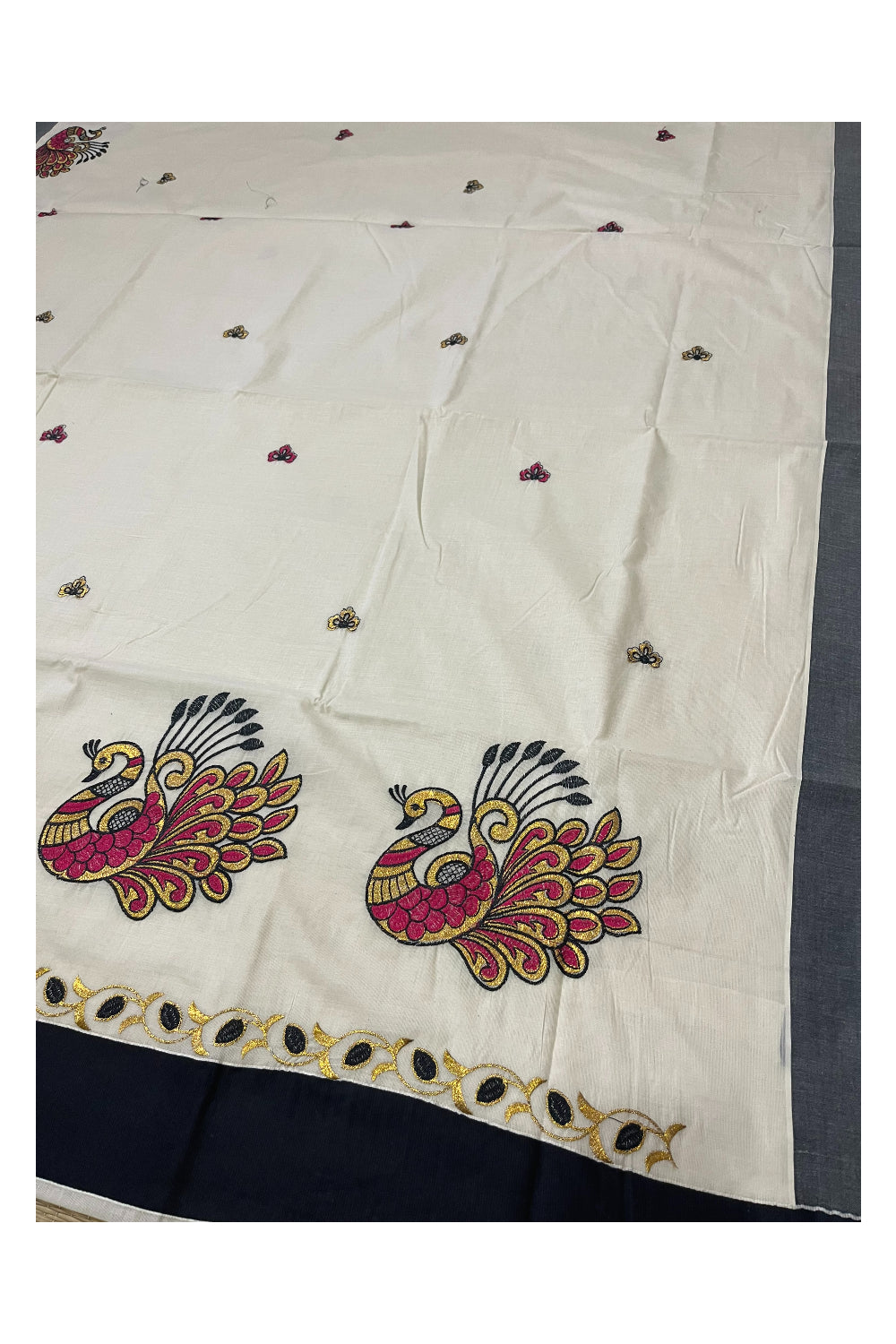 Pure Cotton Kerala Saree with Peacock Embroidery Work and Black Border (Onam Saree 2023)