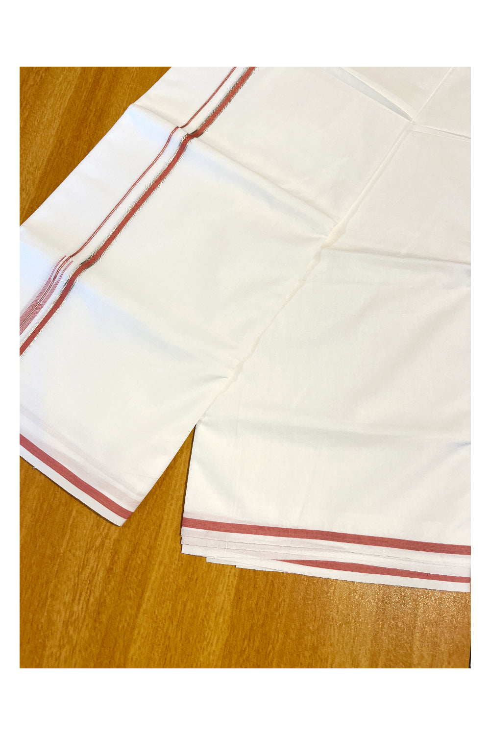 Pure White Cotton Double Mundu with Silver Kasavu And Saffron Border (South Indian Dhoti)