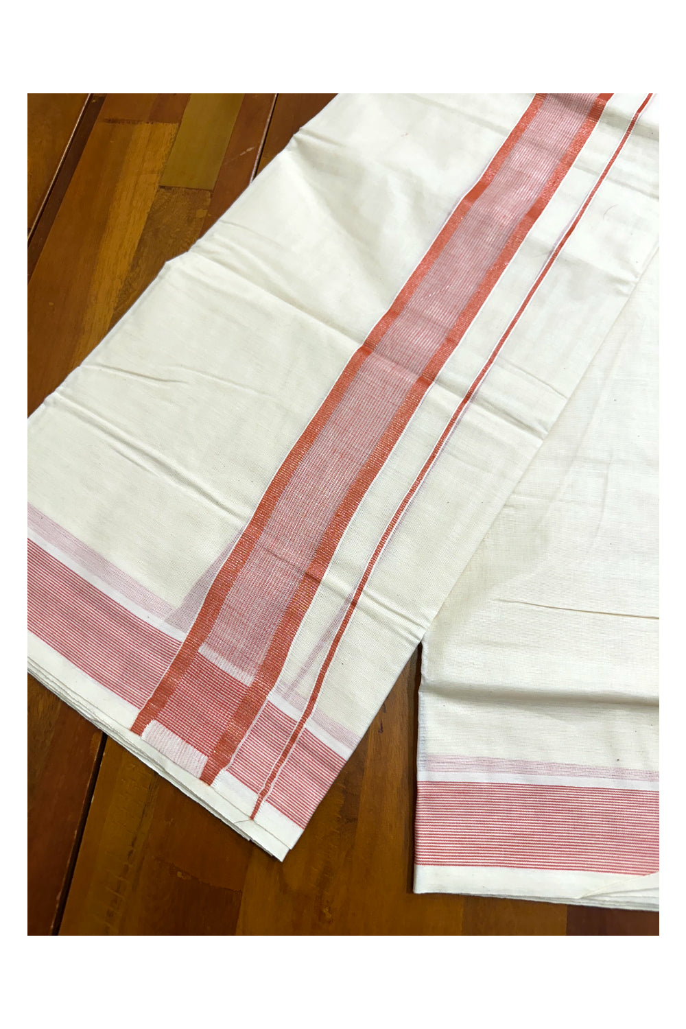 Pure Cotton Off White  Double Mundu with Lines And Brick Red Kara (South Indian Kerala Dhoti)