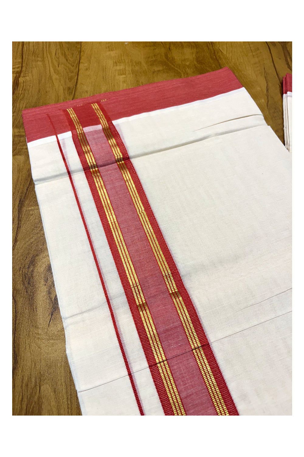 Pure Cotton Off White Double Mundu with Kasavu and Red Kara (South Indian Kerala Dhoti)