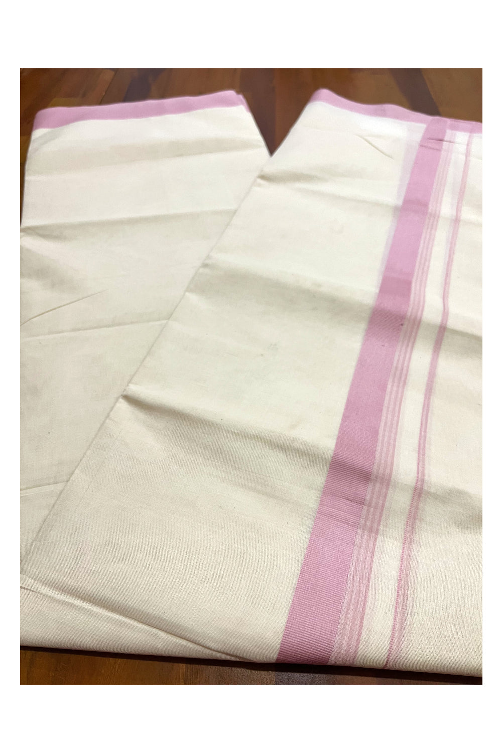 Pure Cotton 100x100 Double Mundu with Pink Border (Onam Mundu 2023)