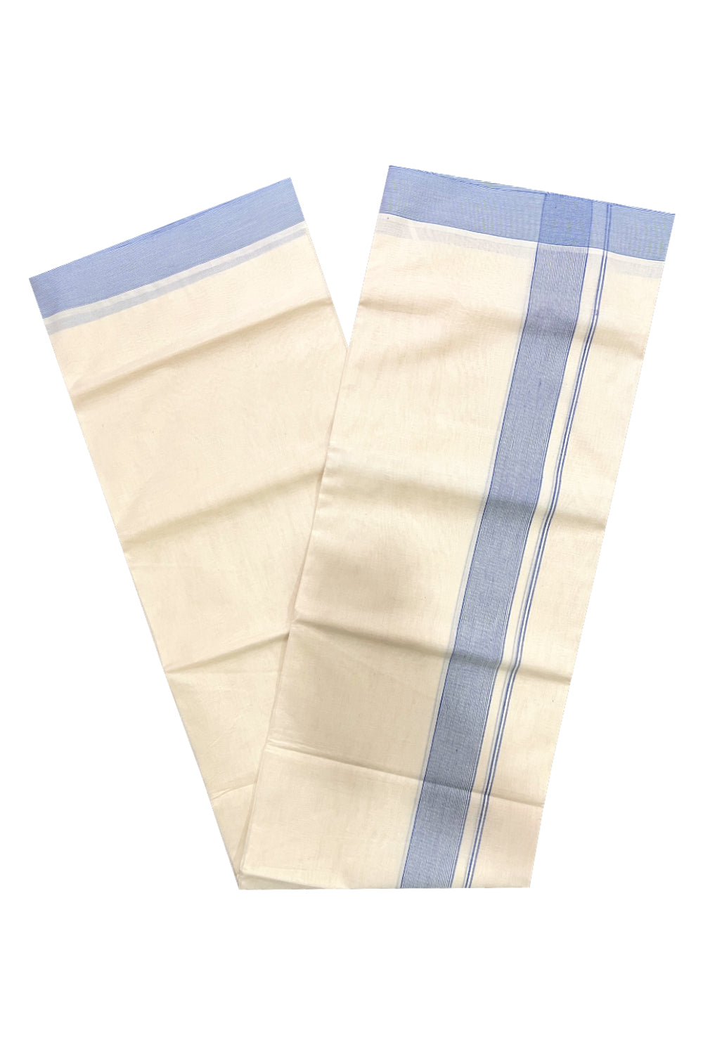 Pure Cotton 100x100 Double Mundu with Light Blue Line Border (South Indian Kerala Dhoti)