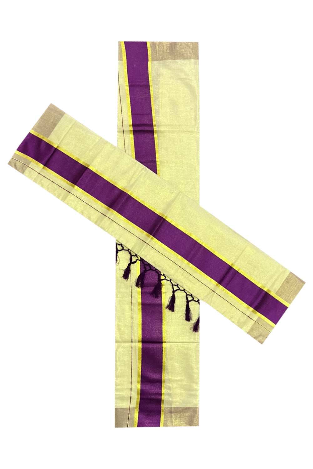 Kerala Tissue Kasavu Set Mundu (Mundum Neriyathum) with Violet Kara and Tassels on Pallu 2.50 Mtrs