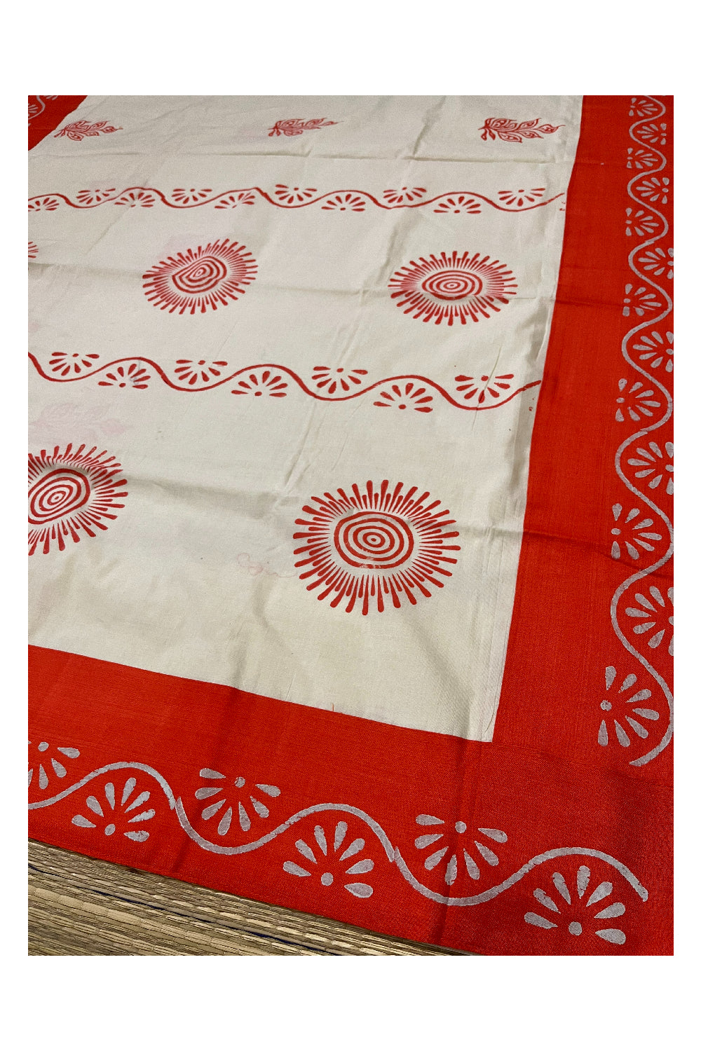 Pure Cotton Onam 2023 Kerala Saree with Hand Block Orange Batik Prints