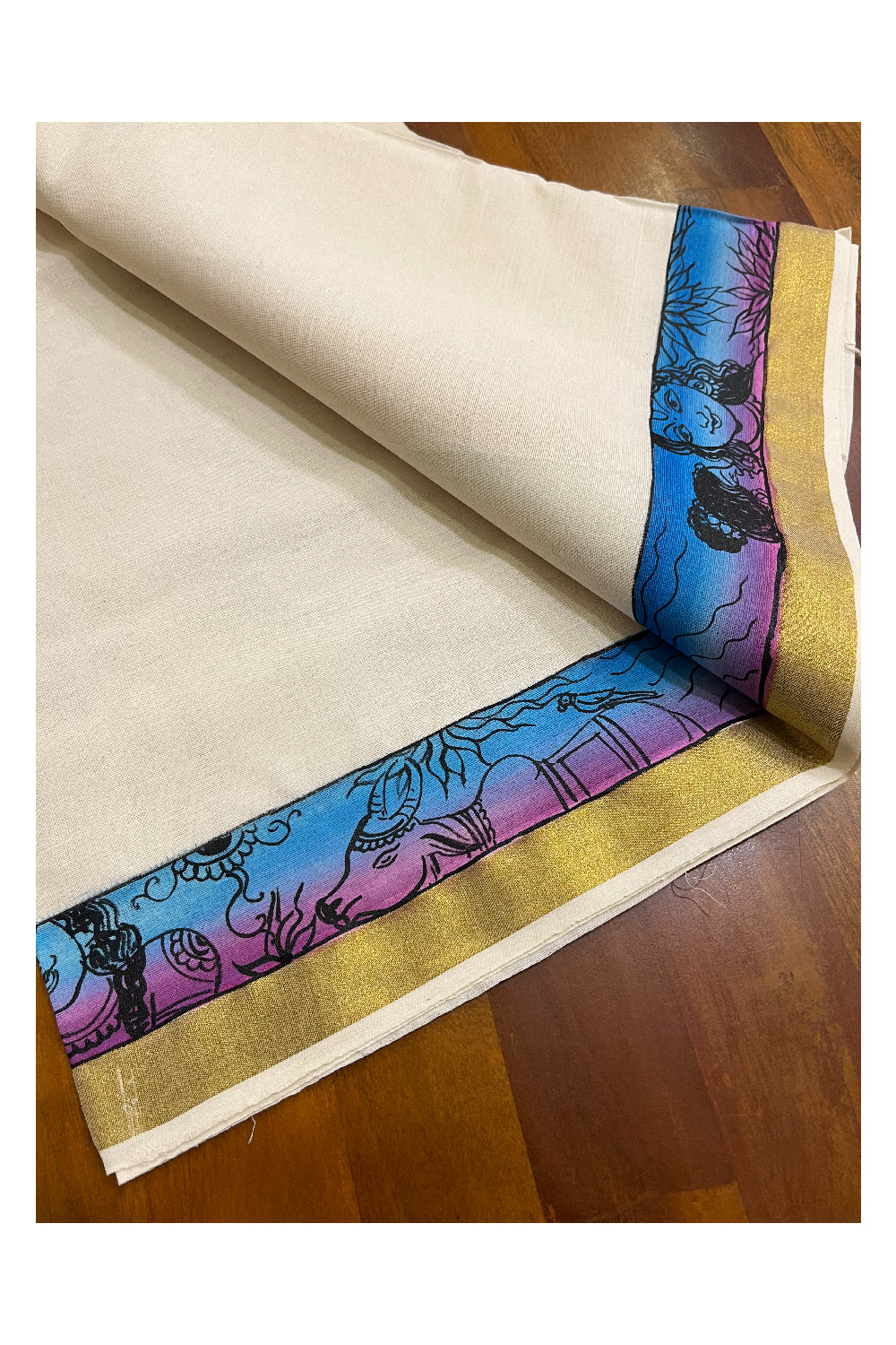 Southloom Handloom Premium Kerala Cotton Single Set Mundu (Mundum Neriyathum) with Hand Painted Designs with Kasavu Border - 2.80Mtrs