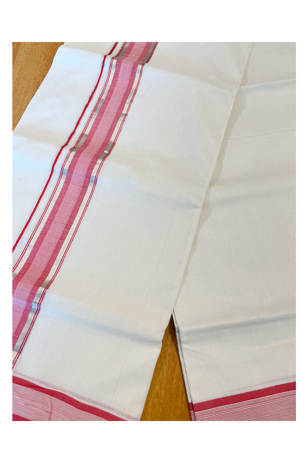 Southloom Premium Handloom Cotton Double Mundu with Silver Kasavu And Pink Lines Border