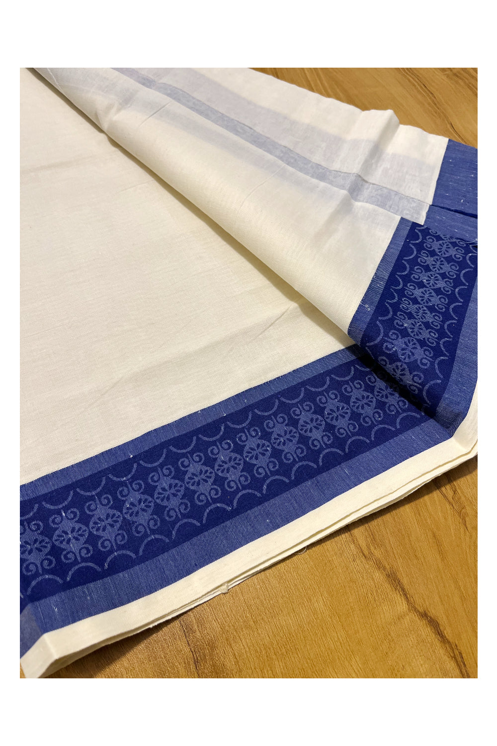 Kerala Cotton Single Set Mundu (Mundum Neriyathum) with Blue Block print Border 2.80Mtrs