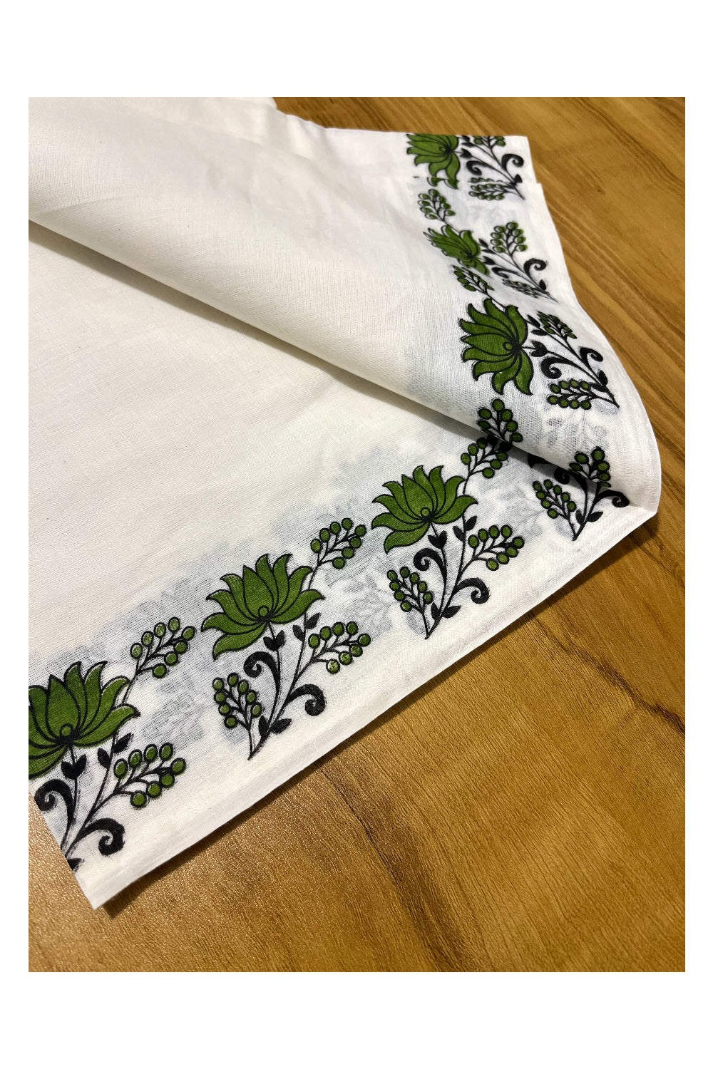 Pure Cotton Kerala Set Mundu (Mundum Neriyathum) with Olive Green Floral Block Printed Border