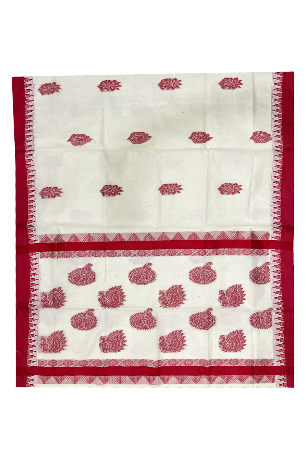 Pure Cotton Kerala Saree with Red Heavy Woven Designs and Temple Border (Vishu 2024 Collection)