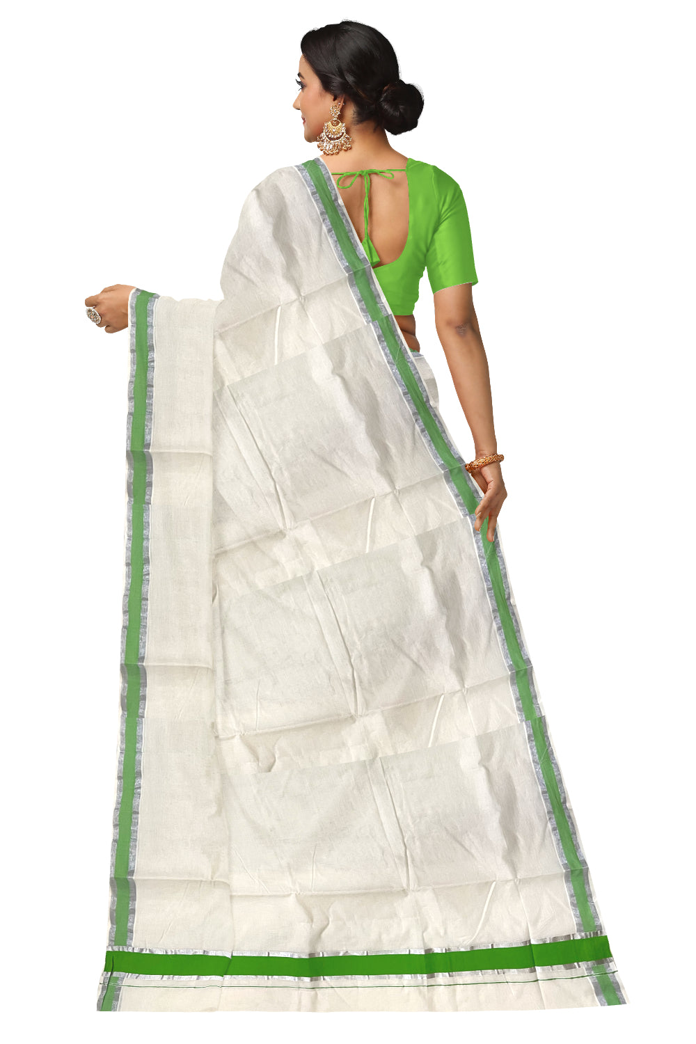 Pure Cotton Kerala Saree with Light Green and Silver Kasavu Border