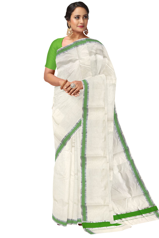 Pure Cotton Kerala Saree with Light Green and Silver Kasavu Border