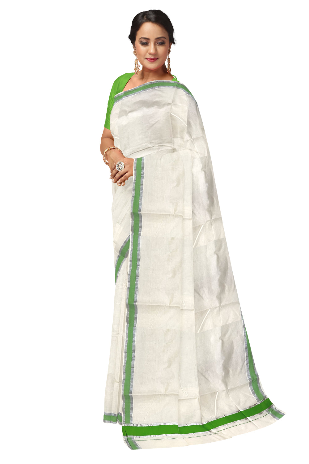 Pure Cotton Kerala Saree with Light Green and Silver Kasavu Border