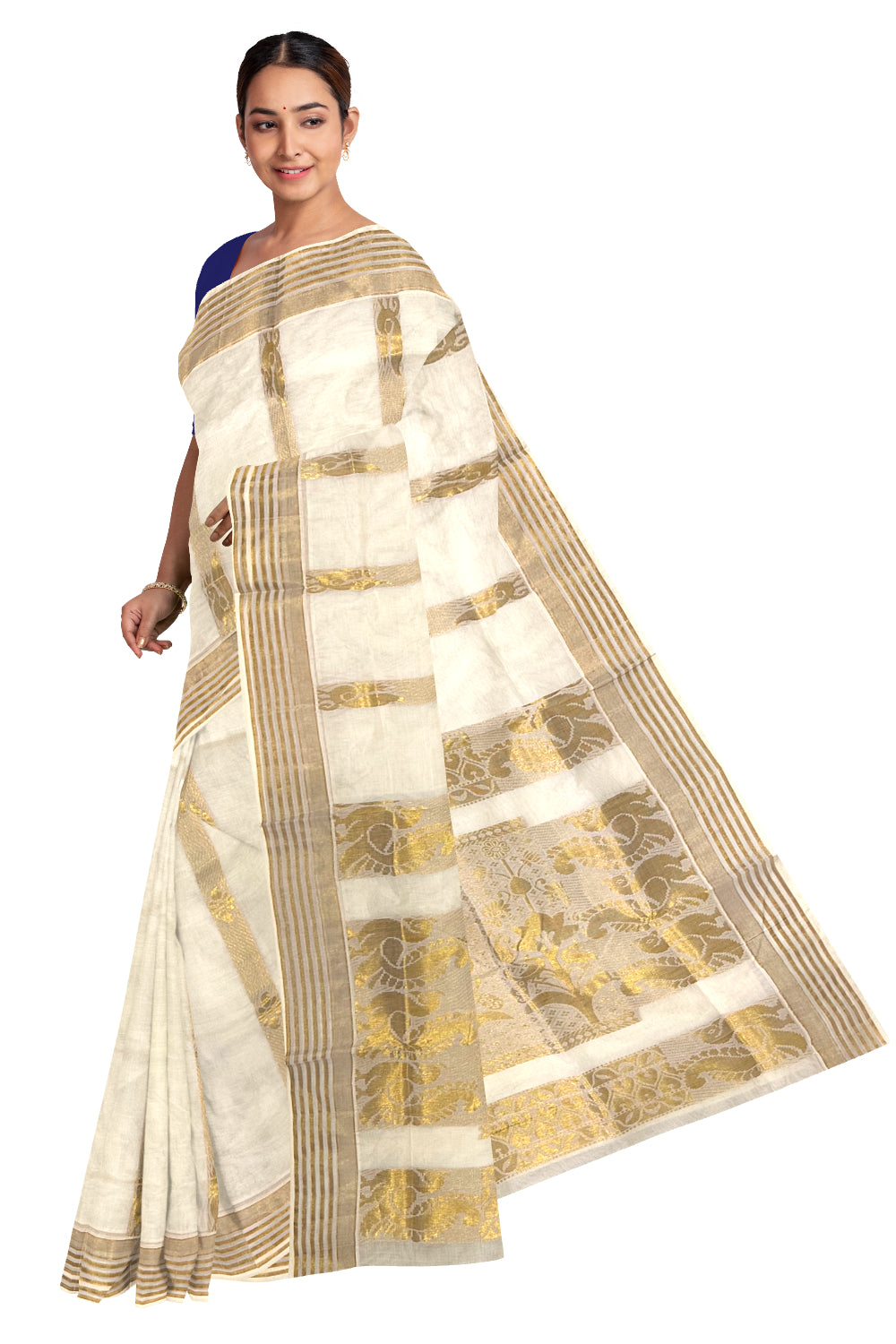 Kerala Pure Cotton Floral Heavy Woven Work Kasavu Saree (Onam Saree 2023)