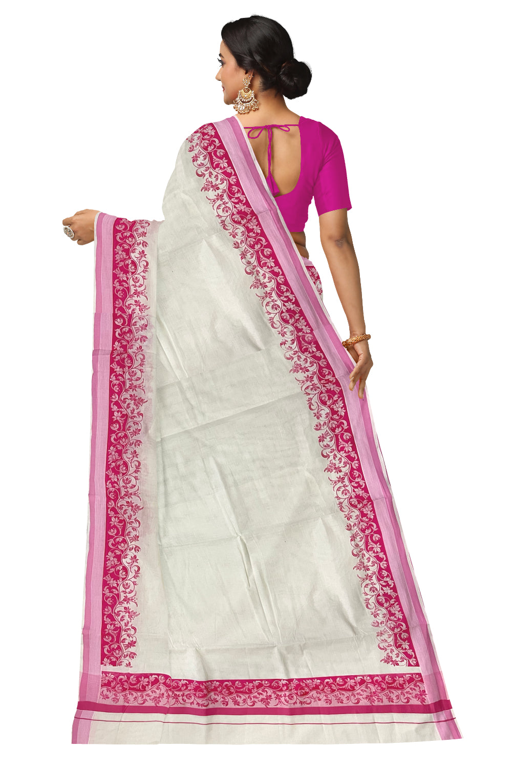 Kerala Cotton Saree with Pink Floral Block Printed Border