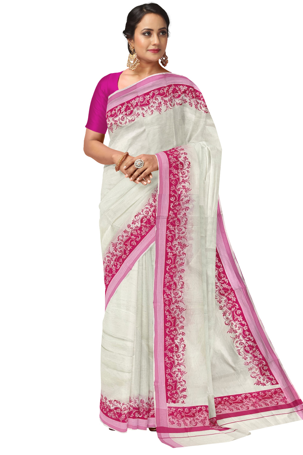 Kerala Cotton Saree with Pink Floral Block Printed Border