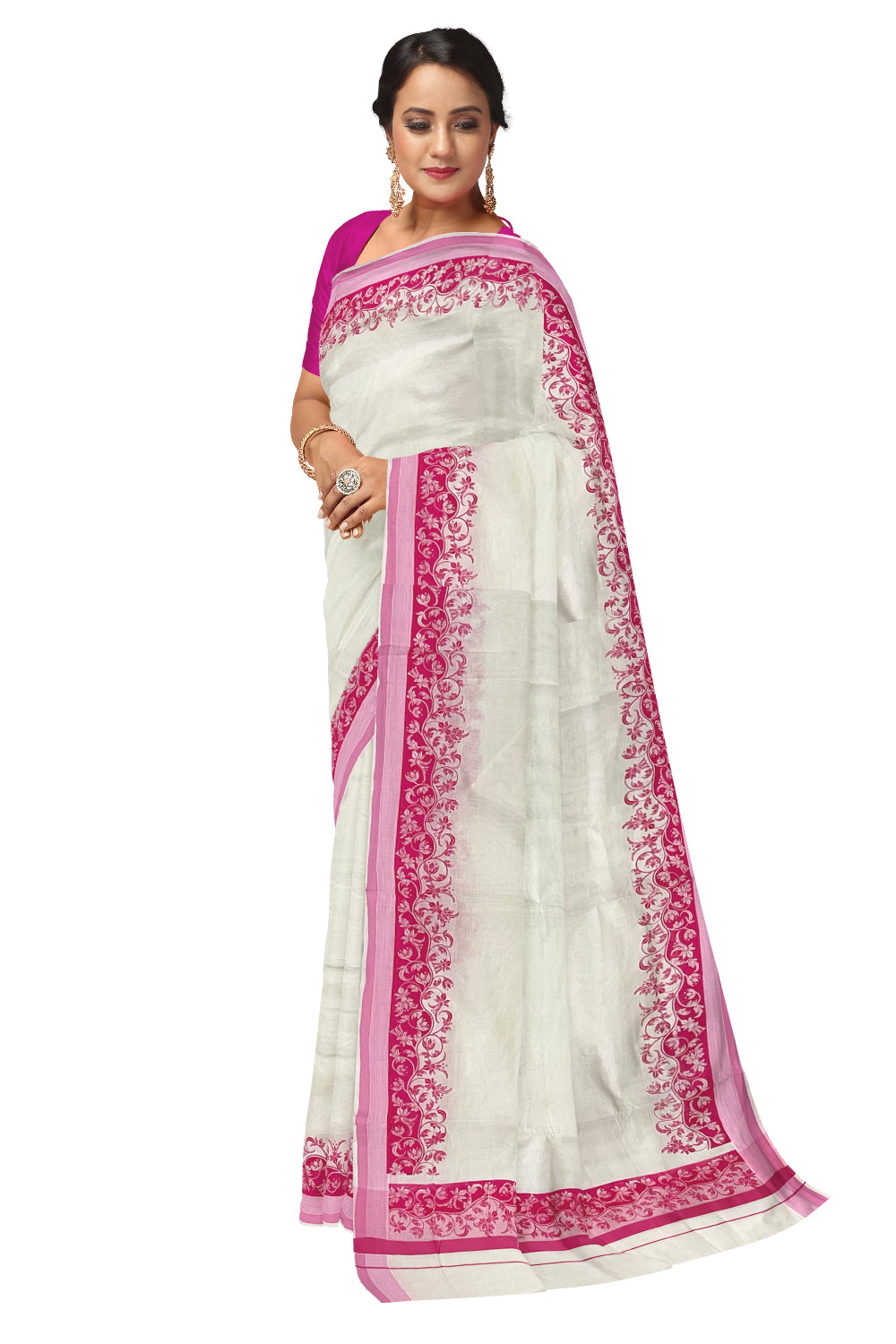 Kerala Cotton Saree with Pink Floral Block Printed Border