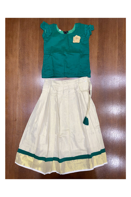 Southloom Kerala Green Pattupavada and Blouse with Flower Design (Age 2- 5)