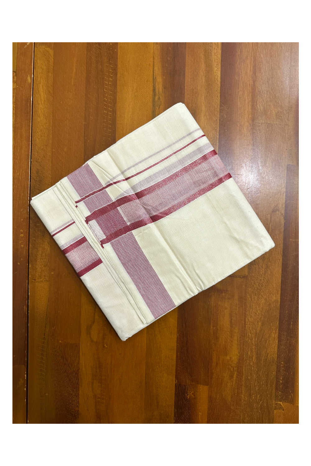 Pure Cotton Off White  Double Mundu with Lines And Maroon Kara (South Indian Kerala Dhoti)