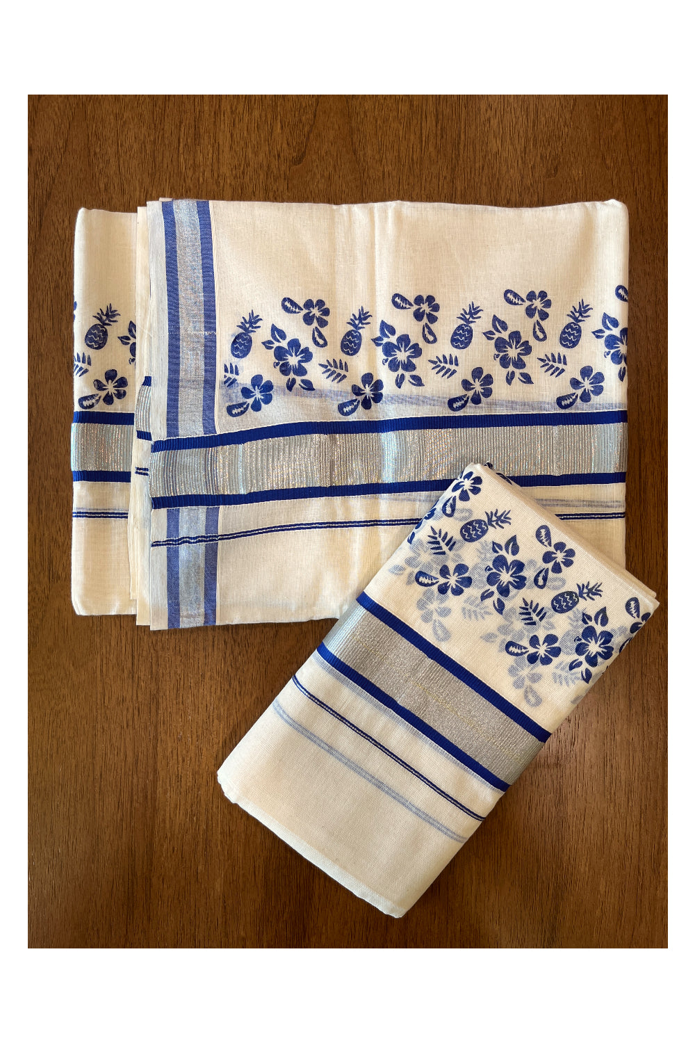 Pure Cotton Single Set Mundu (Mundum Neriyathum) with Silver Kasavu and Blue Floral Block Prints