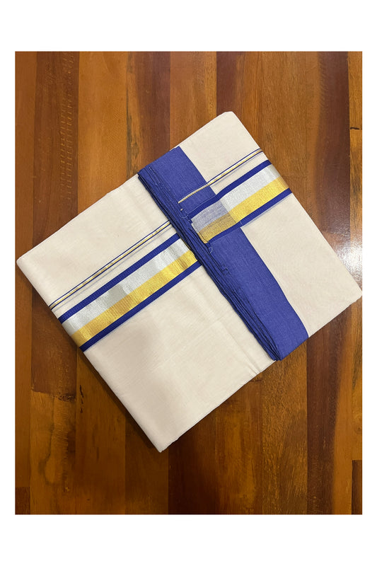 Southloom Premium Balaramapuram Unakkupaavu Handloom Mundu with Blue Silver and Golden Kasavu Border (South Indian Kerala Dhoti)