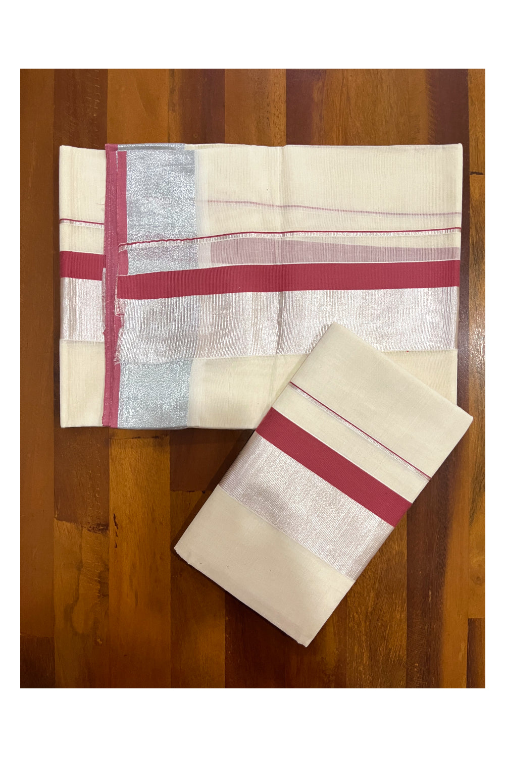 Cotton Set Mundu (Mundum Neriyathum) with Brick Red and Silver Kasavu Border 2.80 Mtrs