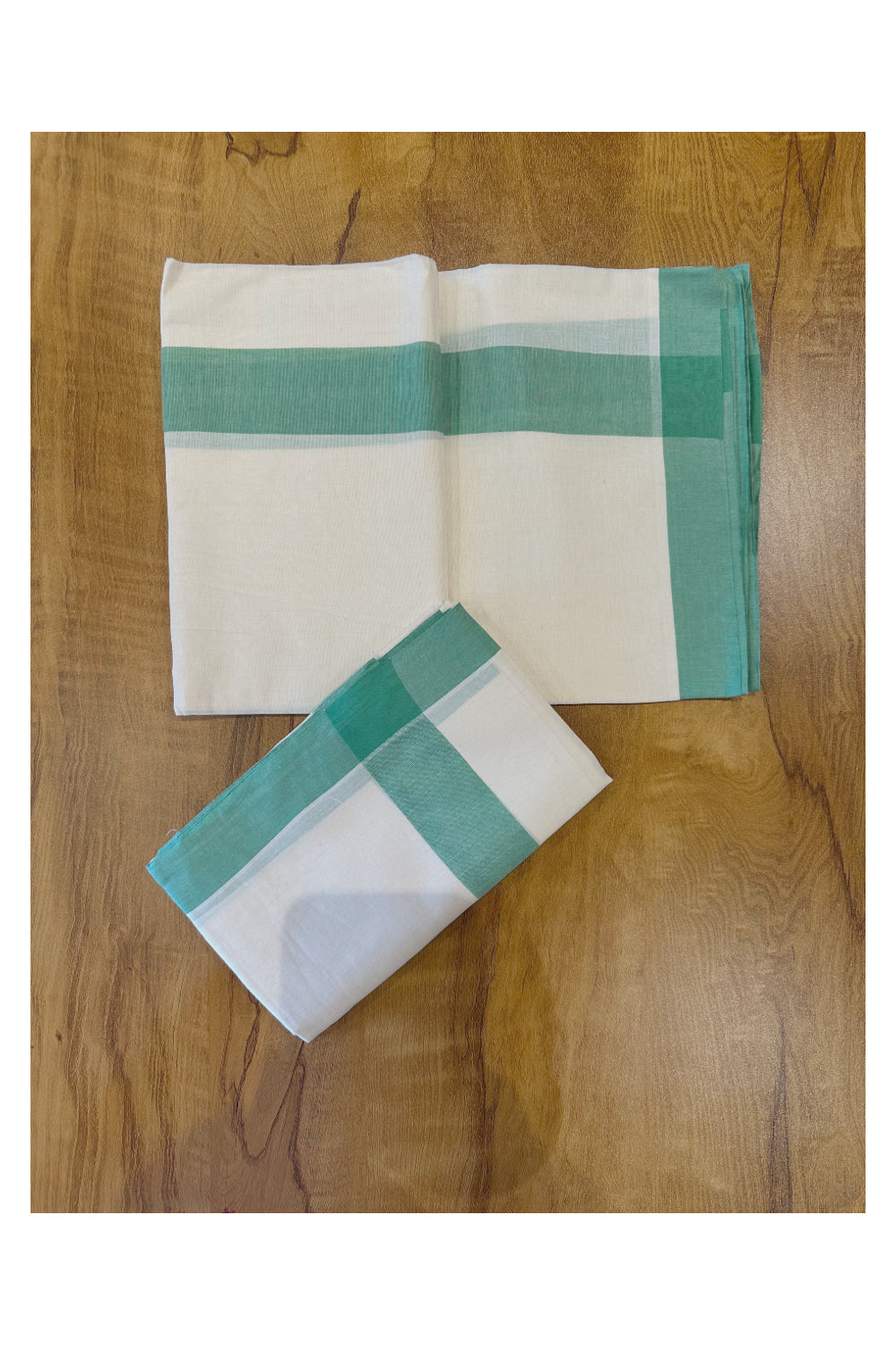 Kerala Soft Cotton Mulloth Mundum Neriyathum Single (Set Mundu) with Green Border (Onam Set Mundu 2023)