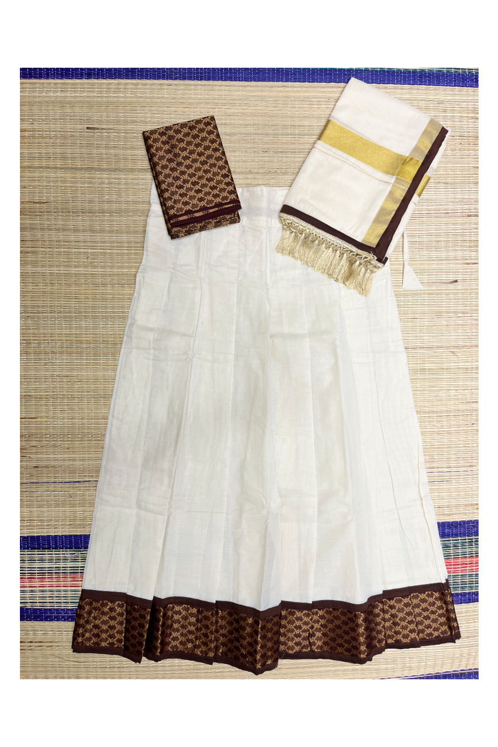 Kerala Cotton Semi Stitched Dhavani Set with Block Print Pavada and Brown Blouse Piece