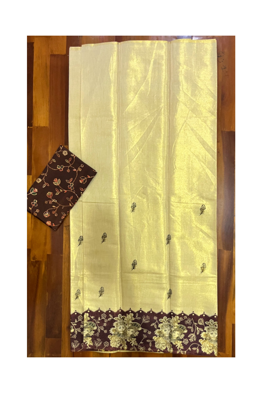 Kerala Tissue Block Printed Pavada and Brown Designer Blouse Material for Kids/Girls 4.3 Meters