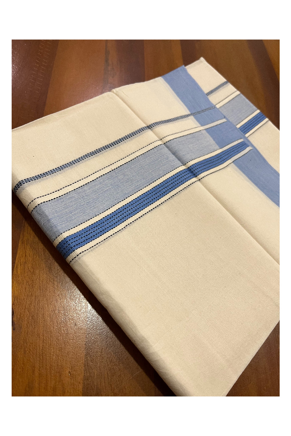 Pure Cotton Kerala Double Mundu with Blue White Kara (South Indian Kerala Dhoti)