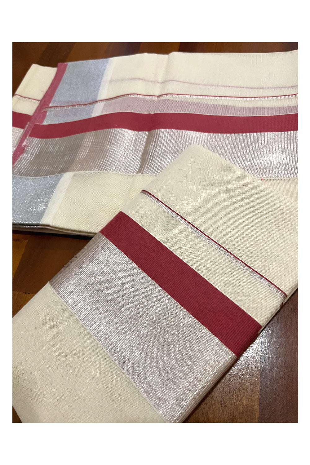 Cotton Set Mundu (Mundum Neriyathum) with Brick Red and Silver Kasavu Border 2.80 Mtrs