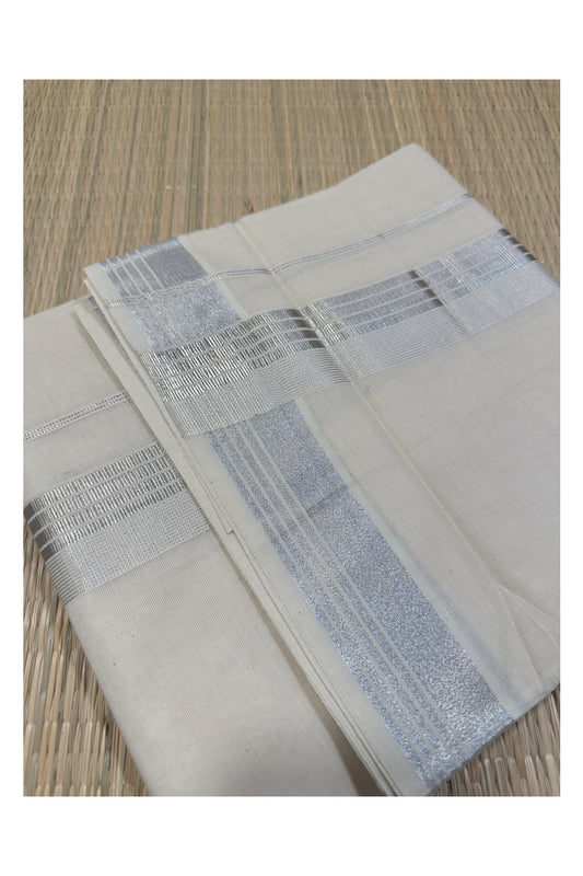 Off White Kerala Double Mundu with Silver Kasavu Kara (South Indian Kerala Dhoti)