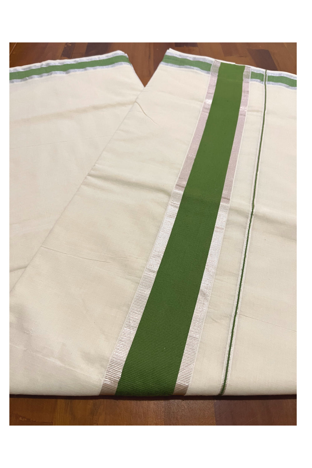 Pure Cotton Kerala Saree with Green and Silver Kasavu Border (Onam 2023 Saree)