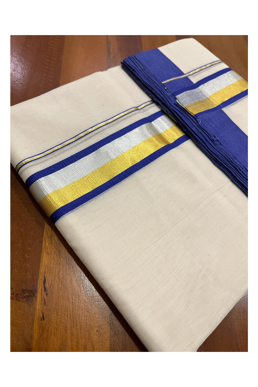 Southloom Premium Balaramapuram Unakkupaavu Handloom Mundu with Blue Silver and Golden Kasavu Border (South Indian Kerala Dhoti)