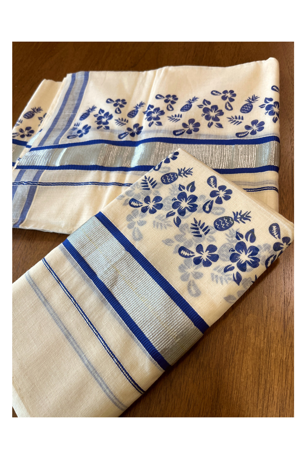 Pure Cotton Single Set Mundu (Mundum Neriyathum) with Silver Kasavu and Blue Floral Block Prints