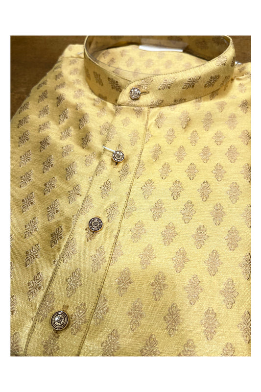 Southloom Beige Colour Woven Patterns Semi Silk Short Kurta for Men