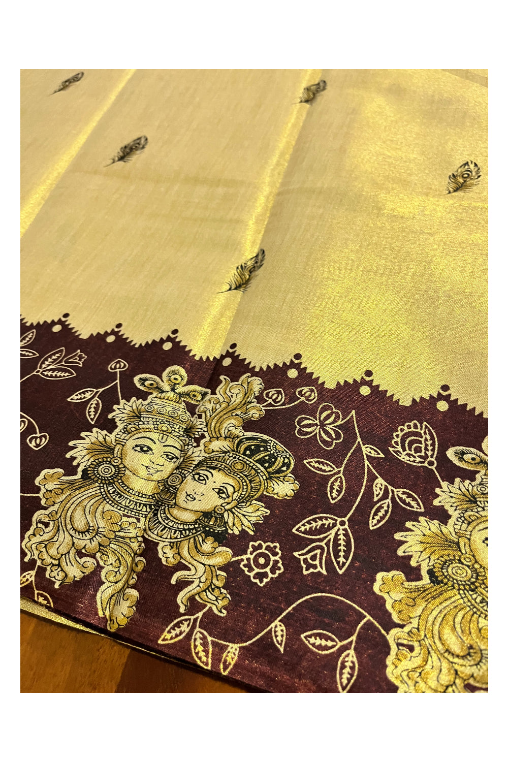 Kerala Tissue Block Printed Pavada and Brown Designer Blouse Material for Kids/Girls 4.3 Meters