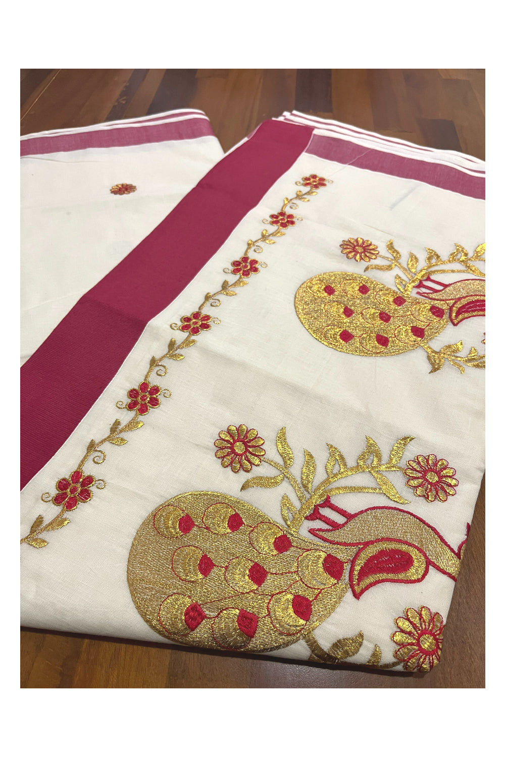 Pure Cotton Kerala Saree with Peacock Embroidery Work and Red Border (Onam Saree 2023)