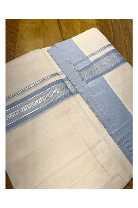 Pure Cotton Off White Double Mundu with Kasavu and Blue Kara (South Indian Kerala Dhoti)