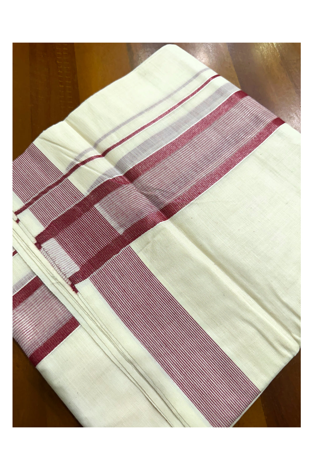 Pure Cotton Off White  Double Mundu with Lines And Maroon Kara (South Indian Kerala Dhoti)