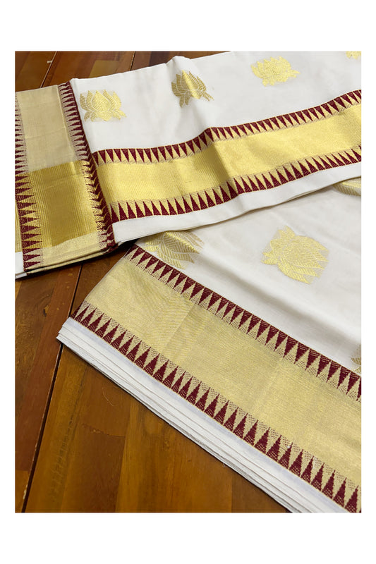 Southloom™ Premium Handloom Cotton Kasavu Saree with Handwoven Lotus and Red Temple Work On Border