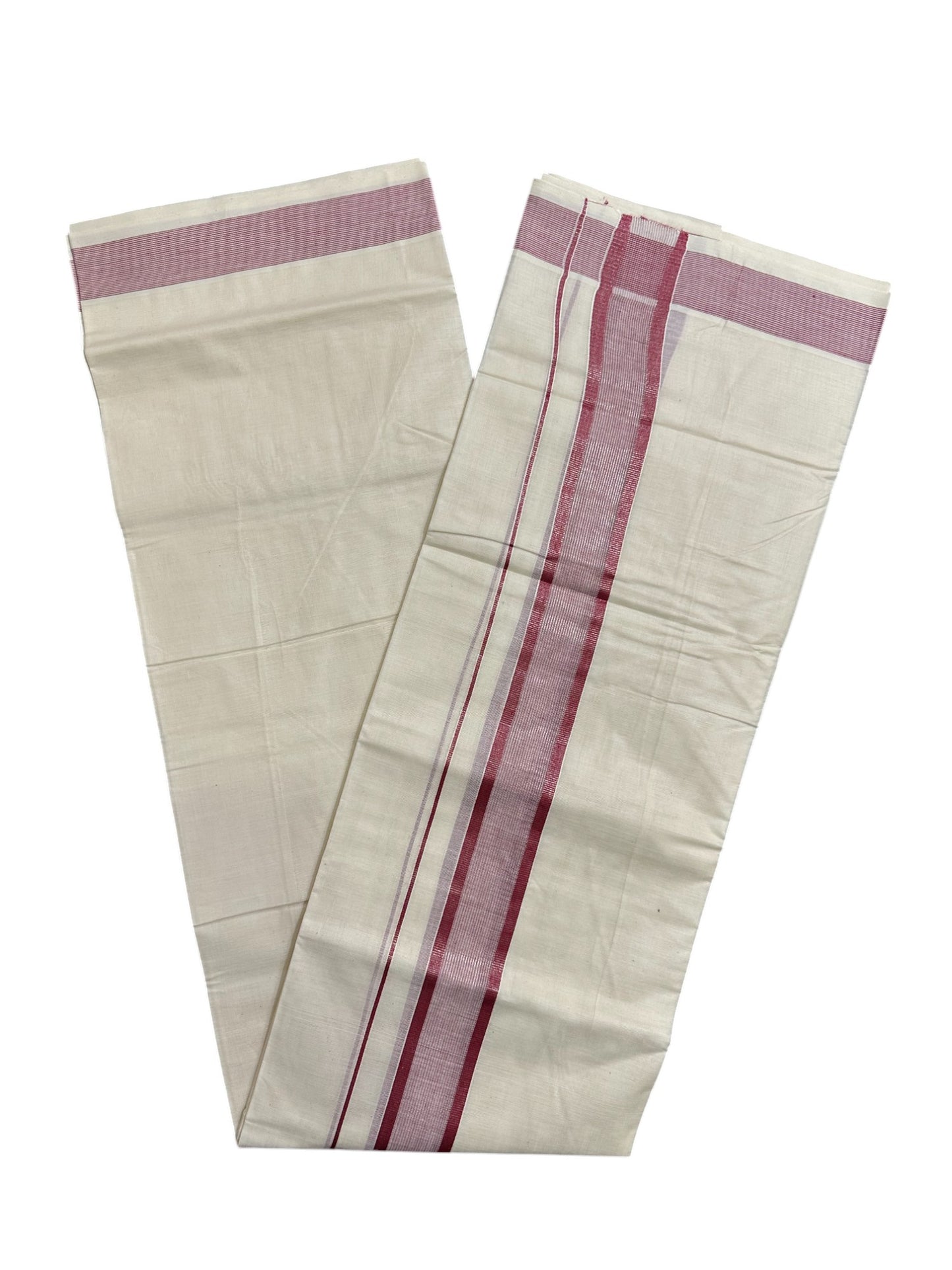 Pure Cotton Off White  Double Mundu with Lines And Maroon Kara (South Indian Kerala Dhoti)