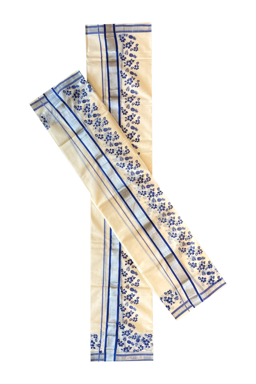 Pure Cotton Single Set Mundu (Mundum Neriyathum) with Silver Kasavu and Blue Floral Block Prints