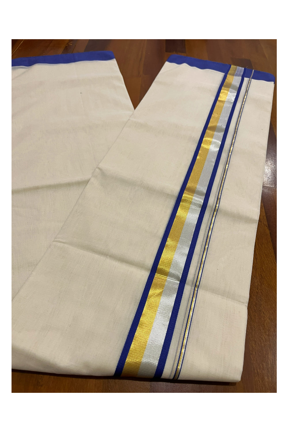 Southloom Premium Balaramapuram Unakkupaavu Handloom Mundu with Blue Silver and Golden Kasavu Border (South Indian Kerala Dhoti)