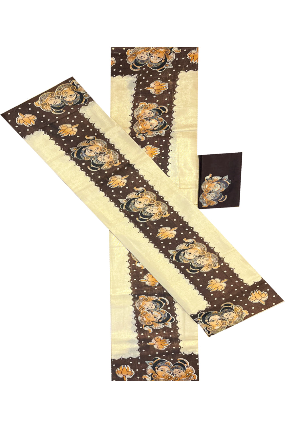 Kerala Tissue Single Set Mundu (Mundum Neriyathum) with Mural Prints on Brown Border And Matching Blouse Piece (2.80 Mtrs)