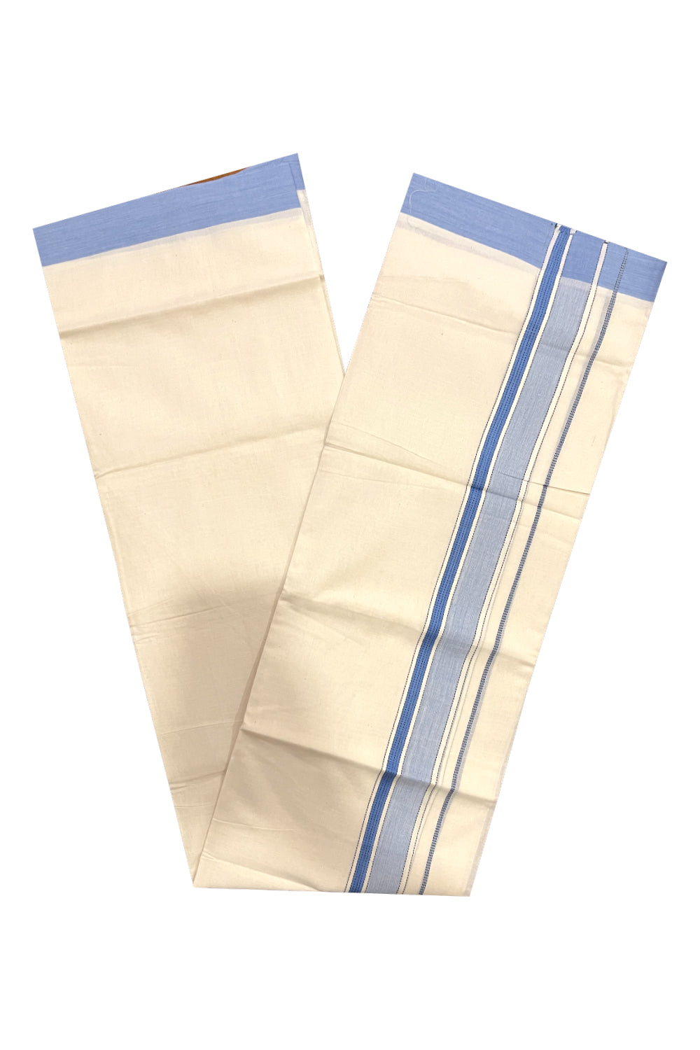 Pure Cotton Kerala Double Mundu with Blue White Kara (South Indian Kerala Dhoti)