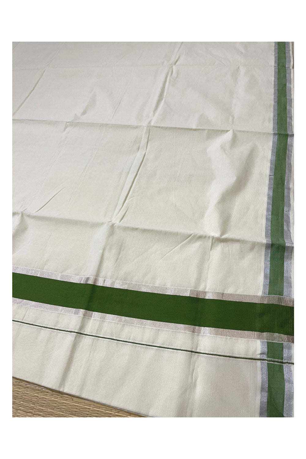 Pure Cotton Kerala Saree with Green and Silver Kasavu Border (Onam 2023 Saree)