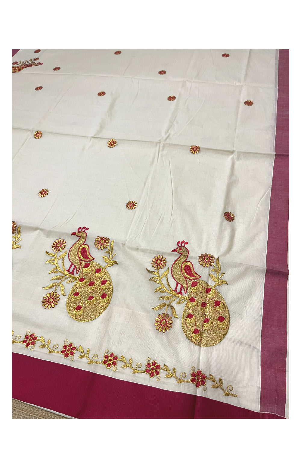 Pure Cotton Kerala Saree with Peacock Embroidery Work and Red Border (Onam Saree 2023)