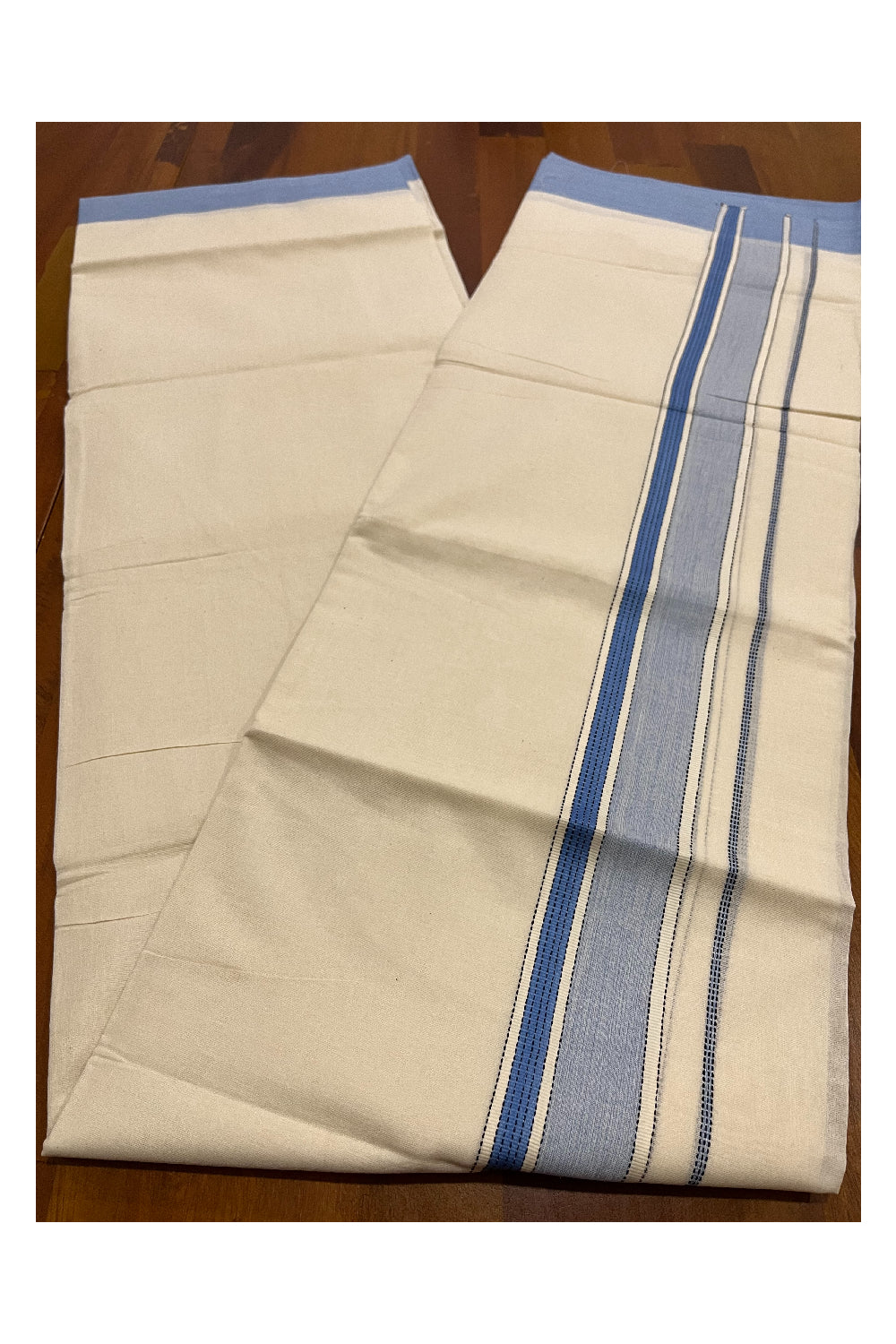 Pure Cotton Kerala Double Mundu with Blue White Kara (South Indian Kerala Dhoti)