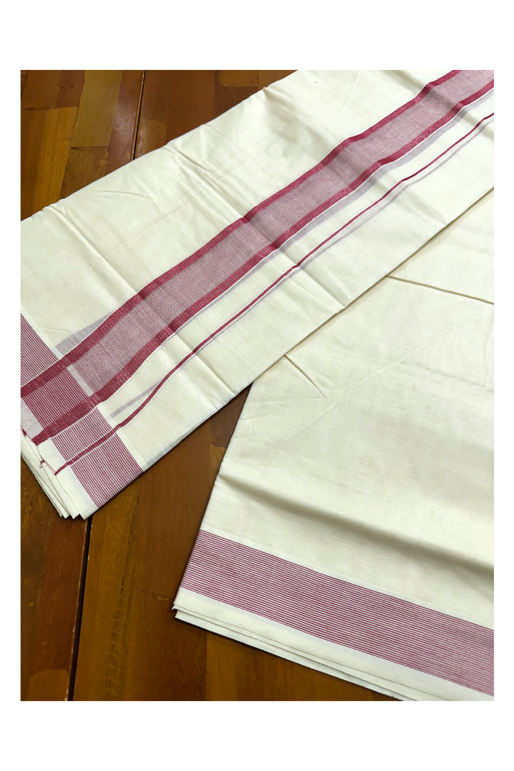 Pure Cotton Off White  Double Mundu with Lines And Maroon Kara (South Indian Kerala Dhoti)